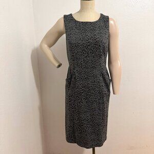 Gray Black Leopard Print Shift Dress Sz M (8/10) Lined Kick Pleat Pockets Zipper